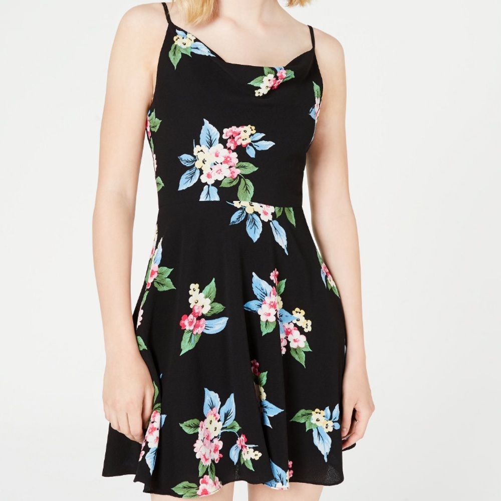 Black Floral Print Cowl Neck Strapless Dress